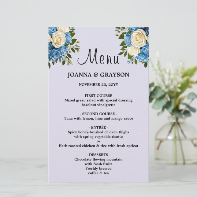 Blue and White Floral Wedding Menu Card (Standing Front)