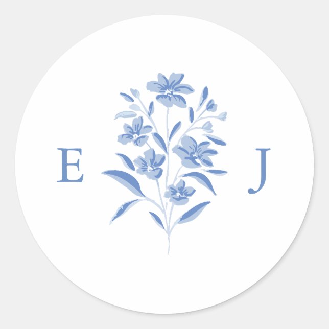 Blue and White Floral Wedding Monogram Sticker (Front)