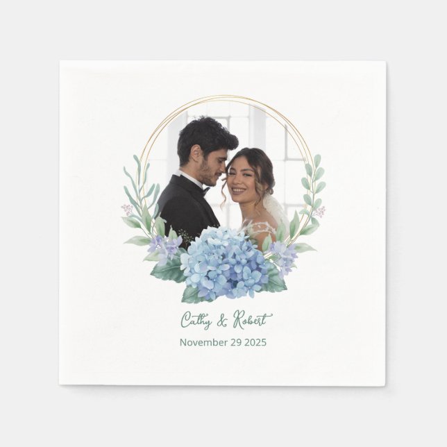 Blue and White Floral Wedding Photo Napkins (Front)