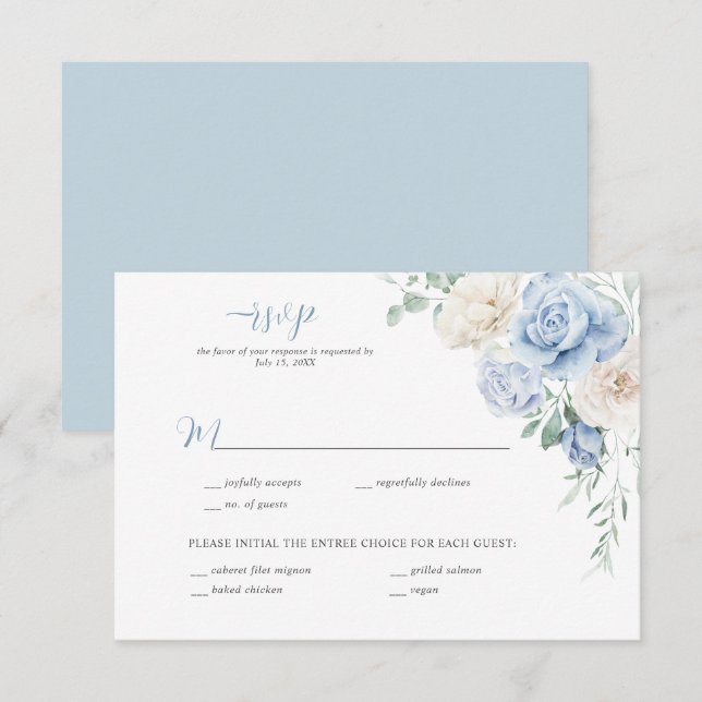 Blue and White Floral Wedding RSVP Invitation (Front/Back)