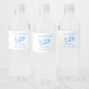 Blue and White Floral Wedding Water Bottle Labels