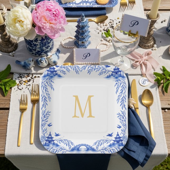 Blue and White Floral Willow Tile Monogram Paper Plate (Blue and White Floral Willow Tile Monogram Paper Plates)