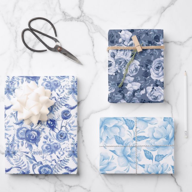 Blue and White Floral Wrapping Paper Sheet (Front)