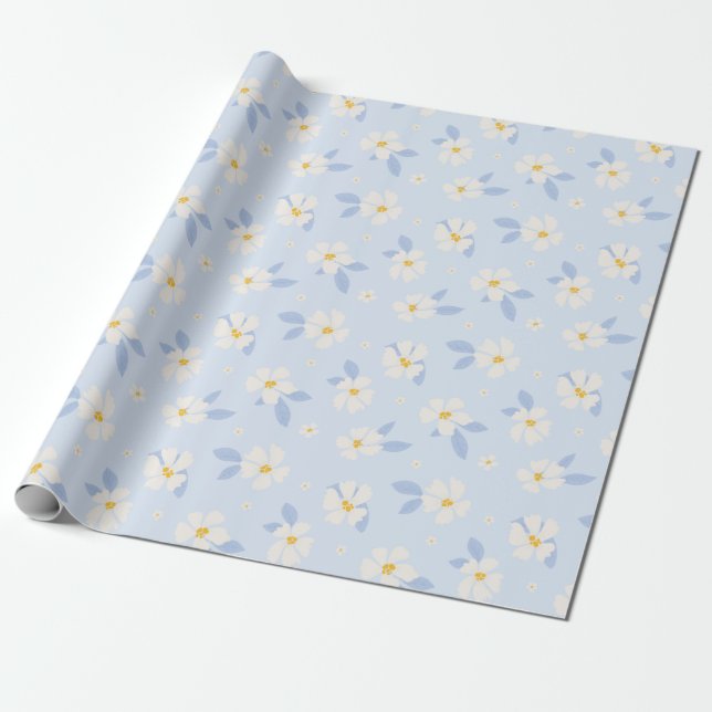 Blue and white flower pattern wrapping paper (Unrolled)