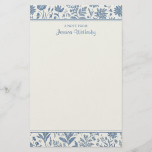 Blue and White Flower Toile Pattern Personalized Stationery
