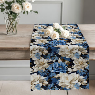 Blue and white flowers chic modern home decor long table runner