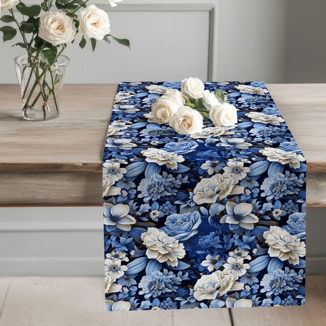 Blue and White Flowers Elegant Table Runner (Navy blue and ivory flowers,
Deep Blue flowers botanical garden,
Royal blue dusty blue floral,
Water)