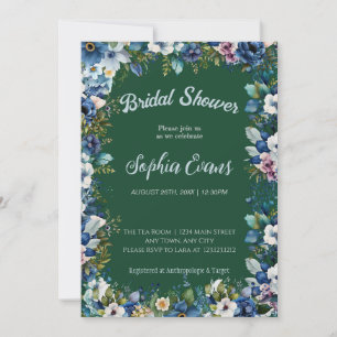 Blue and White Flowers Green Bridal Shower Invitation
