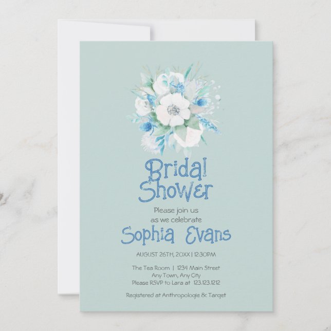 Blue and White Flowers Green Bridal Shower Invitation (Front)