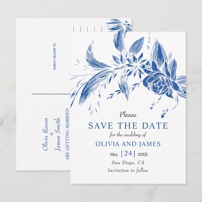 Blue and white flowers Save the Date Postcard (Front/Back)