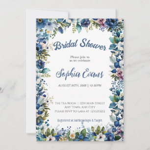 Blue and White Flowers White Bridal Shower Invitation