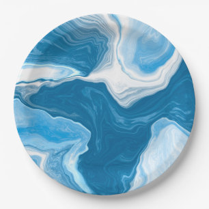  Blue and white Fluid Art Marble  Paper Plate