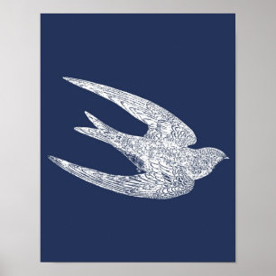 Blue and White Flying Swallow Poster