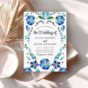 Blue and White Folk Floral Fiesta Wedding Invite