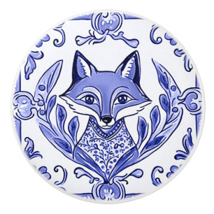 Blue and White Fox Asian Style Folk Animal Art Ceramic Knob