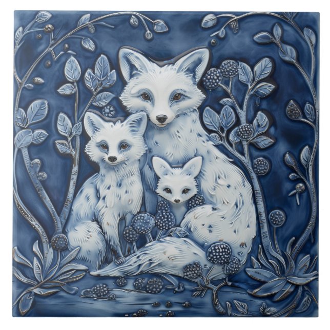Blue and White Fox Family Wood Animals Tile (Front)