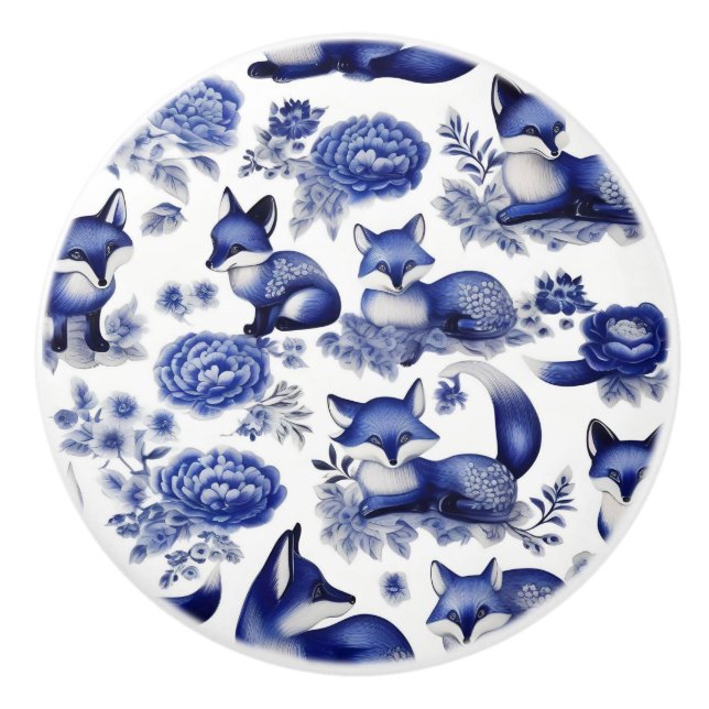 Blue and White Foxes Custom Ceramic Knob (Front)
