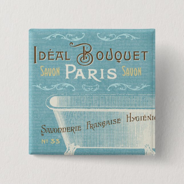 Blue and White French Bathtub 2 Inch Square Button (Front)