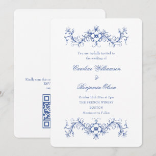 Blue and White French Floral Elegant Wedding QR  Invitation
