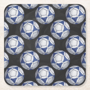 Blue and White Futbal Pattern Square Paper Coaster