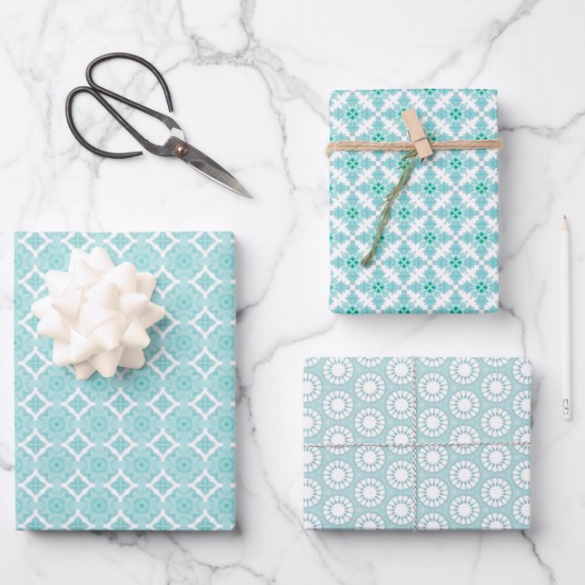 Blue and White Geometric Elements Mosaic Wrapping Paper Sheet (Front)