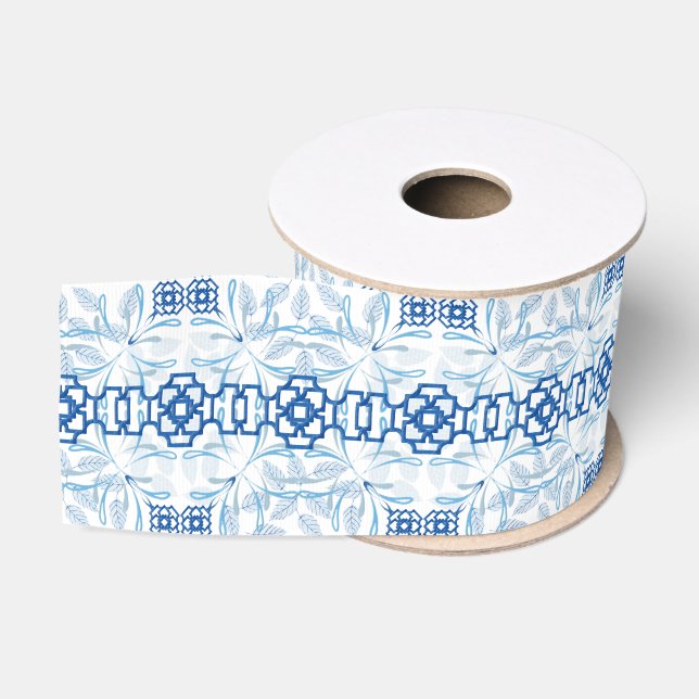 Blue and White Geometric Floral Chinoiserie Grosgrain Ribbon (Spool)