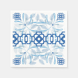 Blue and White Geometric Floral Chinoiserie Napkin