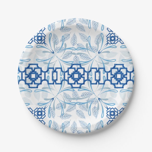 Blue and White Geometric Floral Chinoiserie Paper Plate (Front)