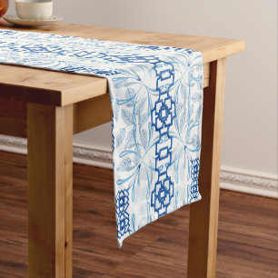 Blue and White Geometric Floral Chinoiserie Short Table Runner