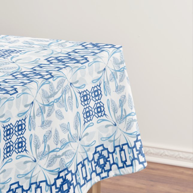 Blue and White Geometric Floral Chinoiserie Tablecloth (In Situ)