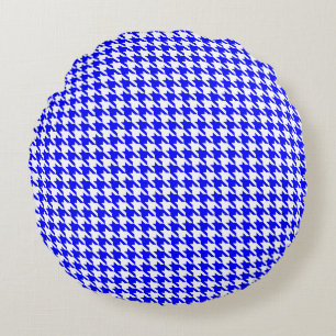Blue and White Geometric Houndstooth Pattern Round Pillow