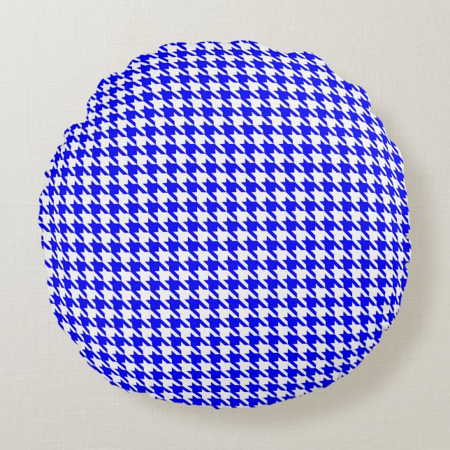 Blue and White Geometric Houndstooth Pattern Round Pillow (Front)