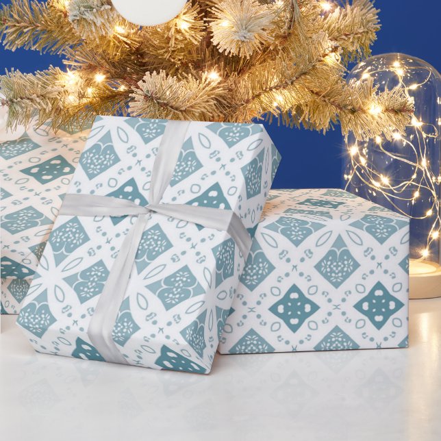 Blue and White Geometric Tile Seamless Pattern Wrapping Paper (Holidays)