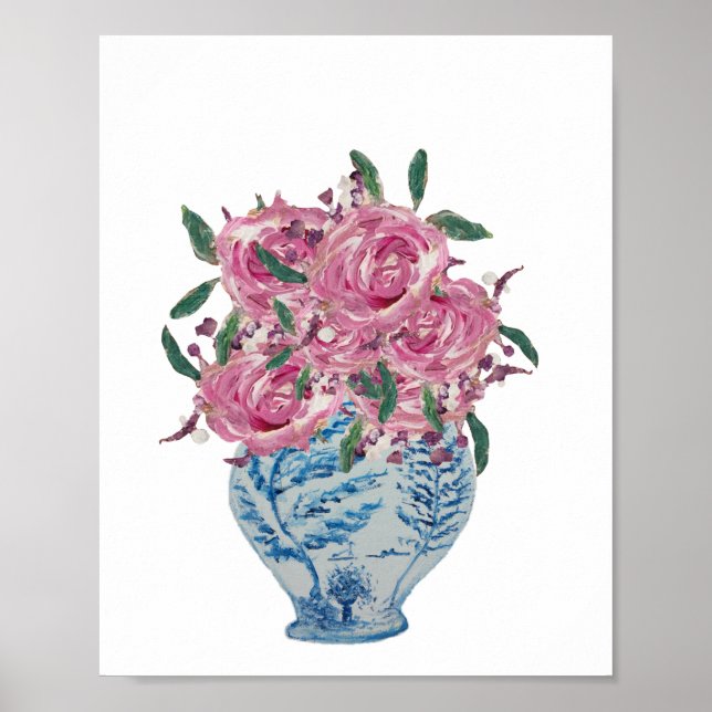 Blue and White Ginger Jar Pink Roses Art Print (Front)