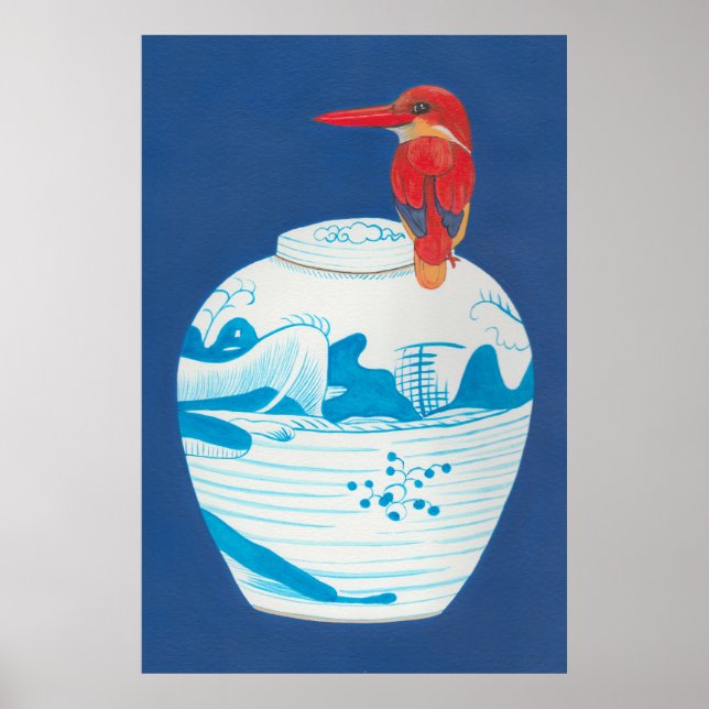 Blue and white ginger jar with red kingfisher bird poster (Front)