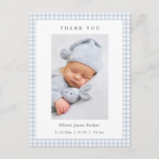 Blue and white Gingham Baby Boy Birth Announcement Postcard