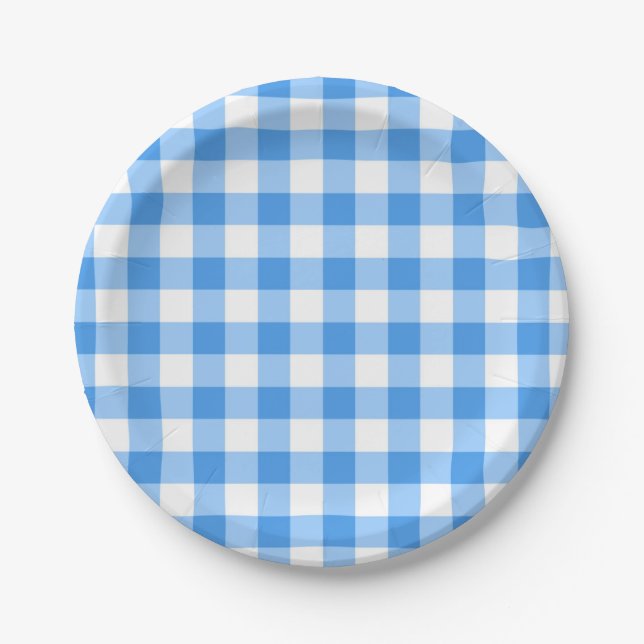 Blue And White Gingham Check Pattern Paper Plate (Front)