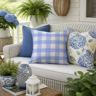 Blue and White Gingham Checked Decor Outdoor Pillow