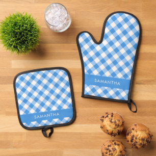 Blue And White Gingham Farmhouse Personalized Oven Mitt & Pot Holder Set