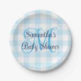 Blue and White Gingham Monogram Baby Shower Paper Plate