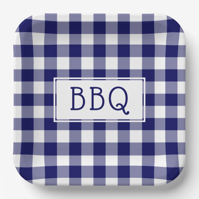 Blue and White Gingham Pattern BBQ Party Paper Plate (Front)