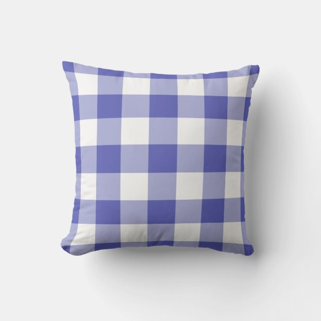 Blue and White Gingham Pattern Chequered Outdoor Pillow (Front)