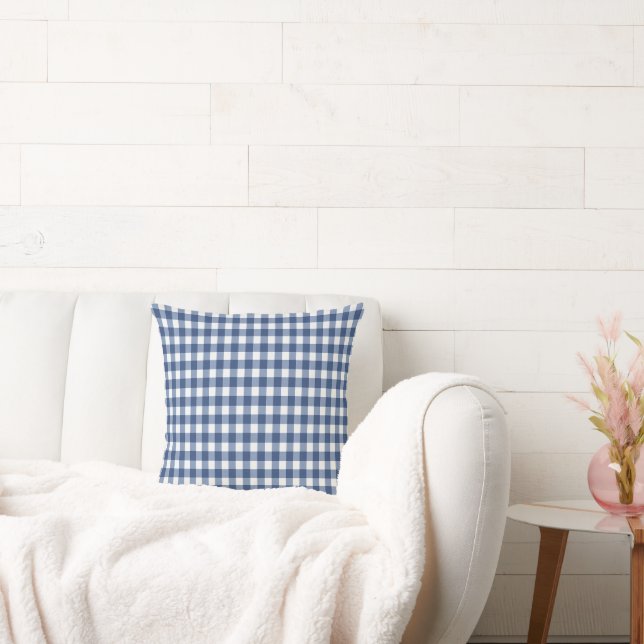 Blue and White Gingham Plaid Chequered Pattern  Throw Pillow (Couch)