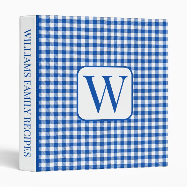 Blue and White Gingham Plaid Monogram Recipe Binder (Front/Spine)