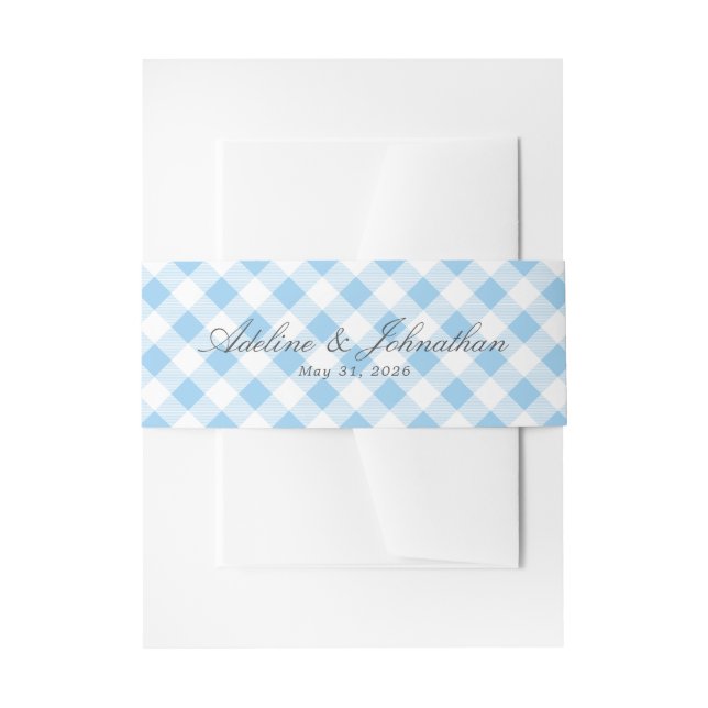 Blue and White Gingham Plaid Name and Date Invitation Belly Band (Front Example)