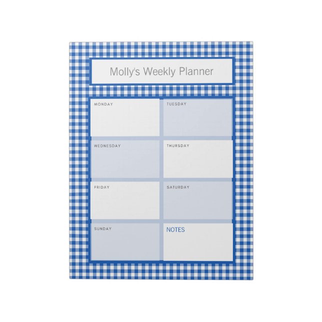 Blue and White Gingham Plaid Personalized Planner Notepad (Rotated)