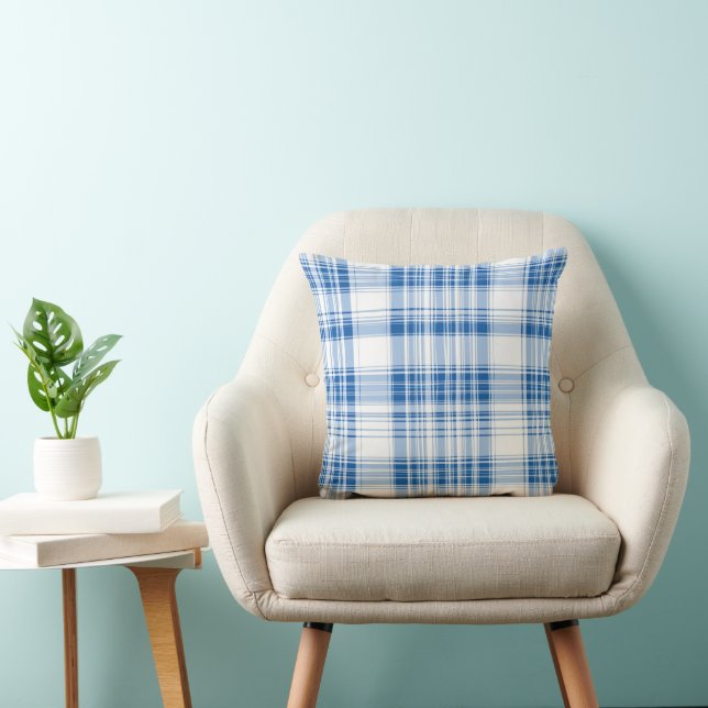 Blue and White Gingham Plaid Striped Pattern  Throw Pillow (Chair)