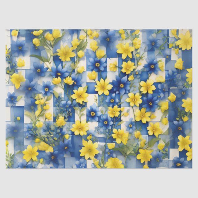 Blue and White Gingham with Blue and Yellow Flower Tissue Paper (Front)