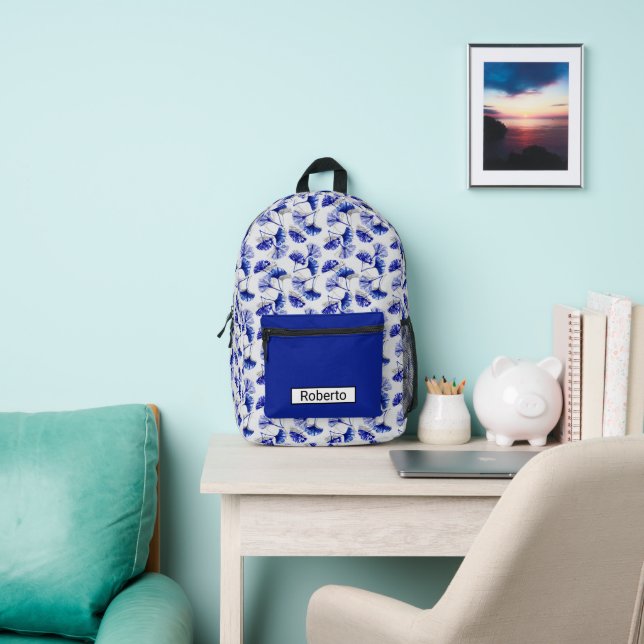 Blue and white gingko leaf  printed backpack (Insitu)