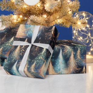 Blue and White Gold Trees Modern Christmas Wrapping Paper